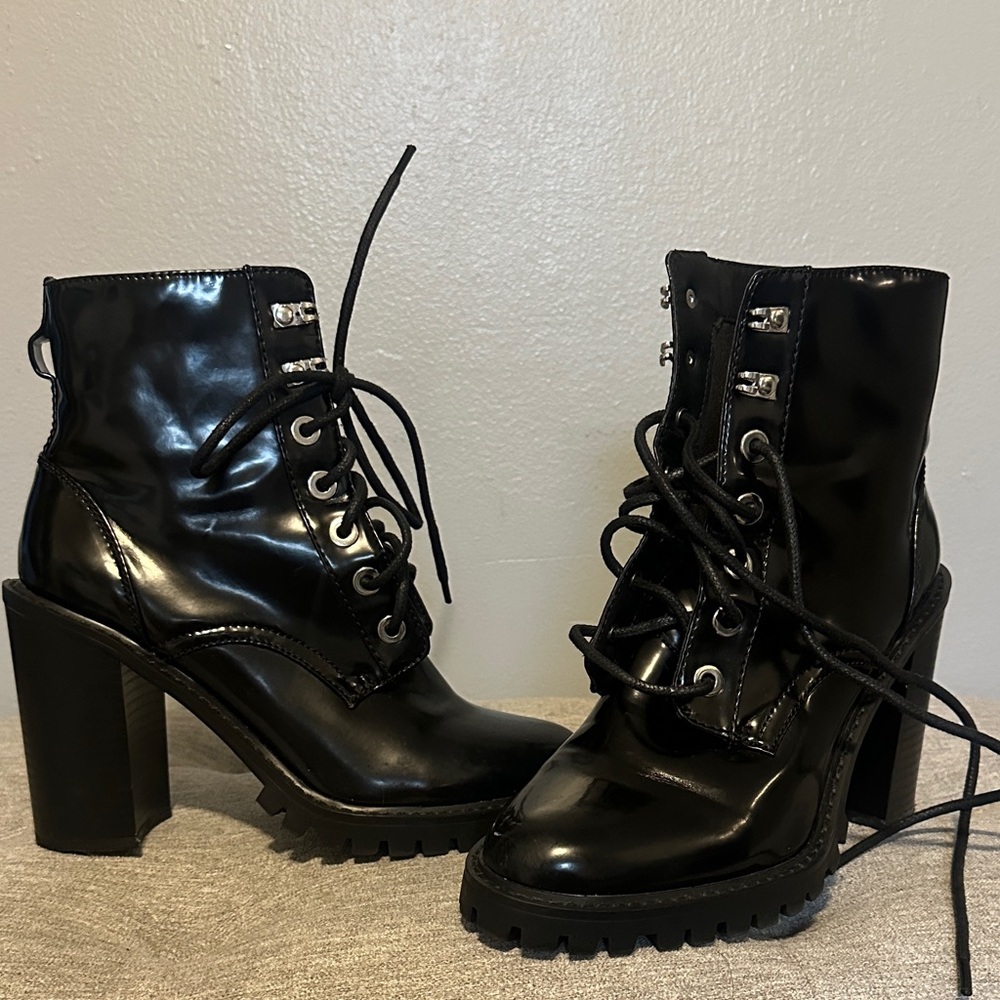 ASOS Shiny Black Lace-Up Heeled Boots